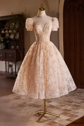 A-Line Short Sleeve Evening Dress, Lovely Tea Length Floral Formal Party Dress