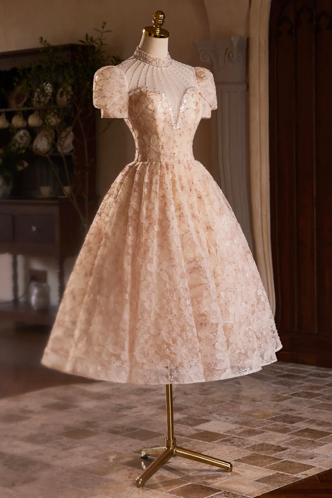 A-Line Short Sleeve Evening Dress, Lovely Tea Length Floral Formal Party Dress