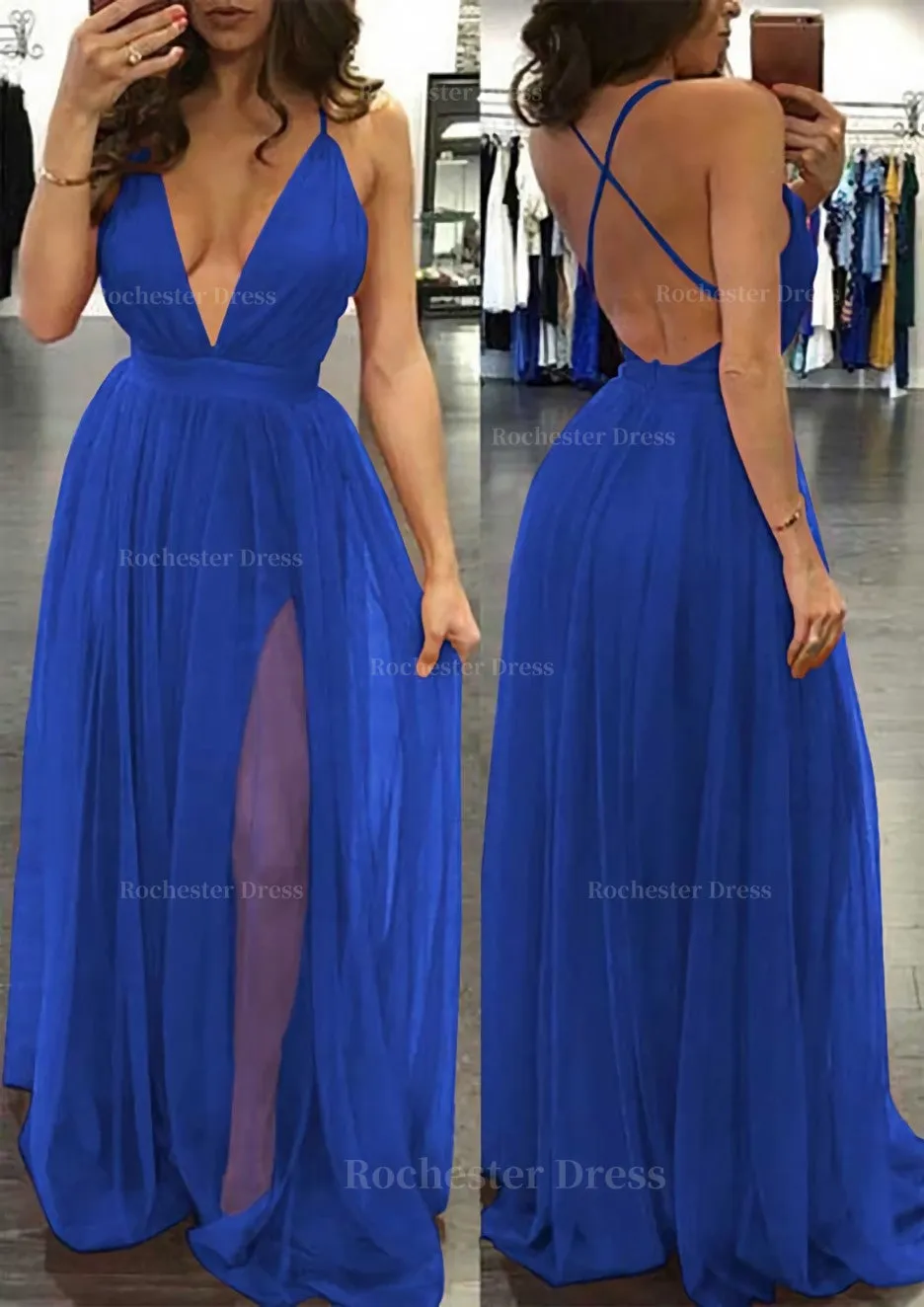 A-line/Princess V Neck Sleeveless Sweep Train Tulle Prom Dress
