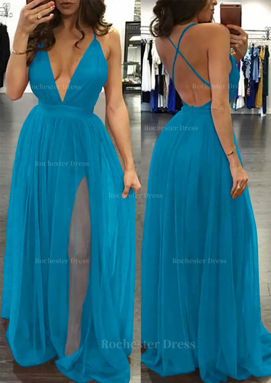 A-line/Princess V Neck Sleeveless Sweep Train Tulle Prom Dress