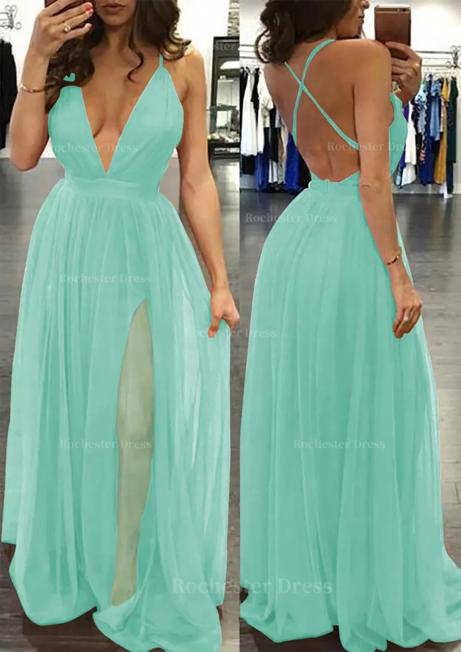A-line/Princess V Neck Sleeveless Sweep Train Tulle Prom Dress
