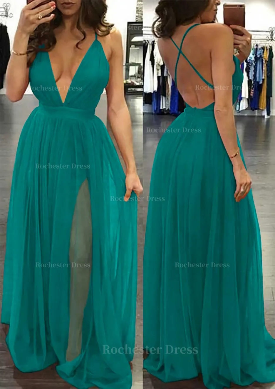 A-line/Princess V Neck Sleeveless Sweep Train Tulle Prom Dress