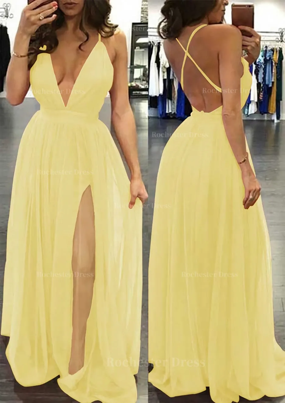 A-line/Princess V Neck Sleeveless Sweep Train Tulle Prom Dress