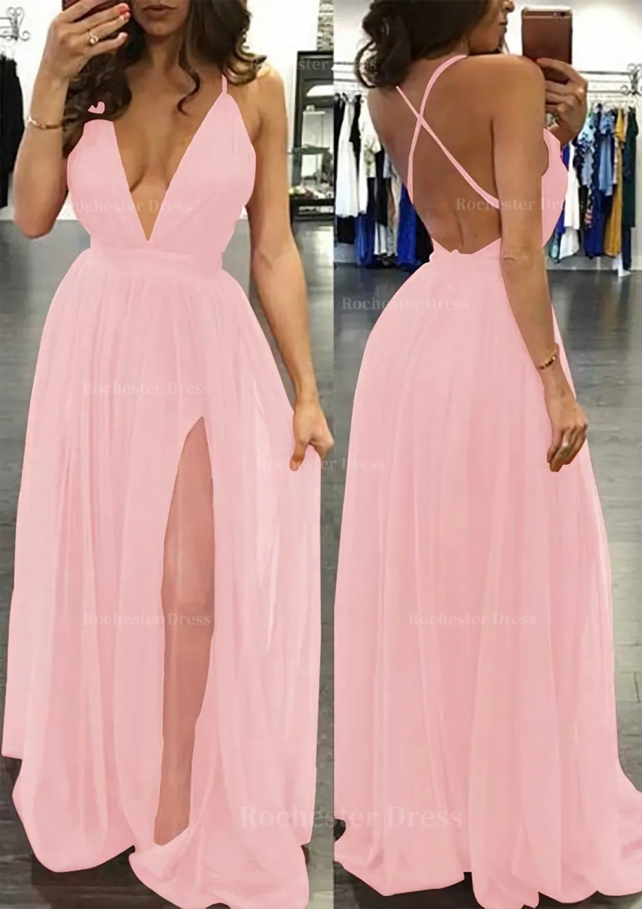 A-line/Princess V Neck Sleeveless Sweep Train Tulle Prom Dress
