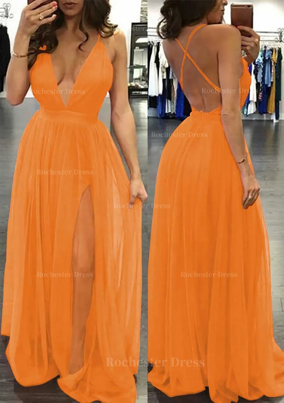 A-line/Princess V Neck Sleeveless Sweep Train Tulle Prom Dress