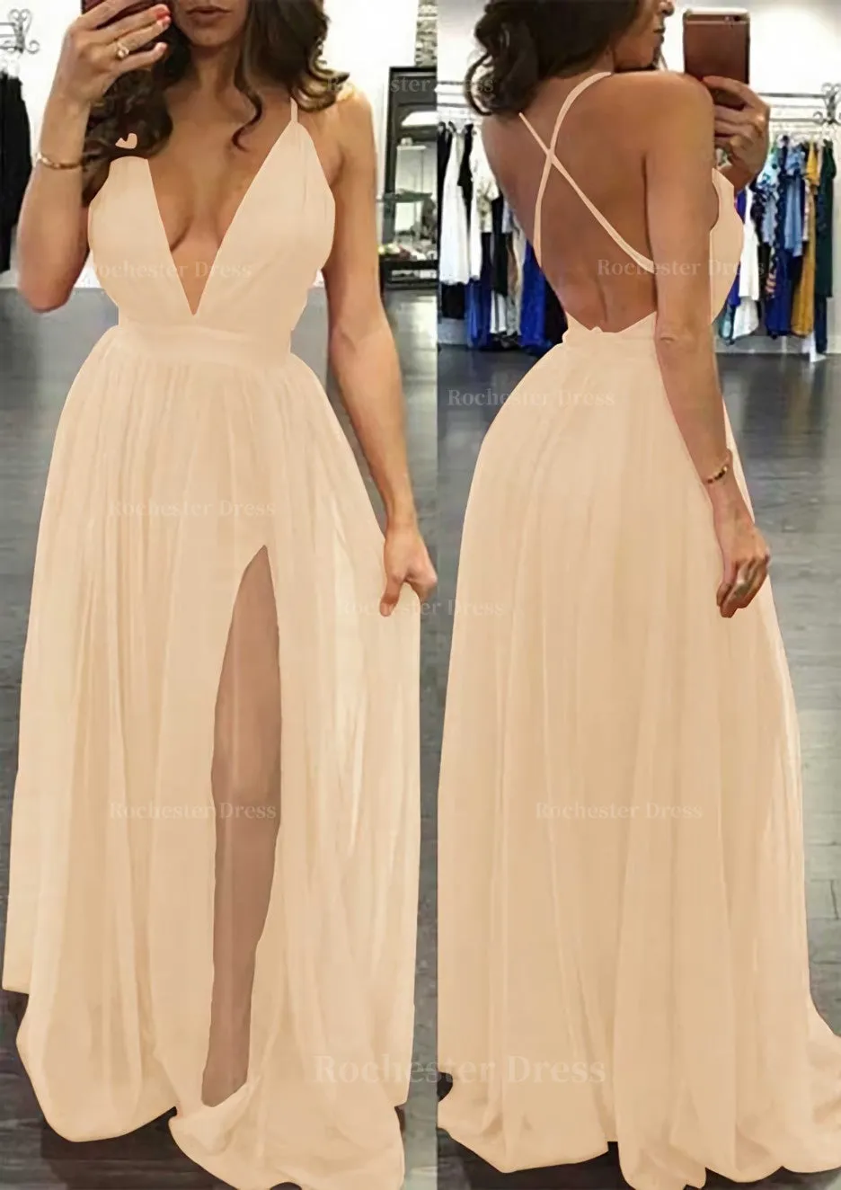 A-line/Princess V Neck Sleeveless Sweep Train Tulle Prom Dress
