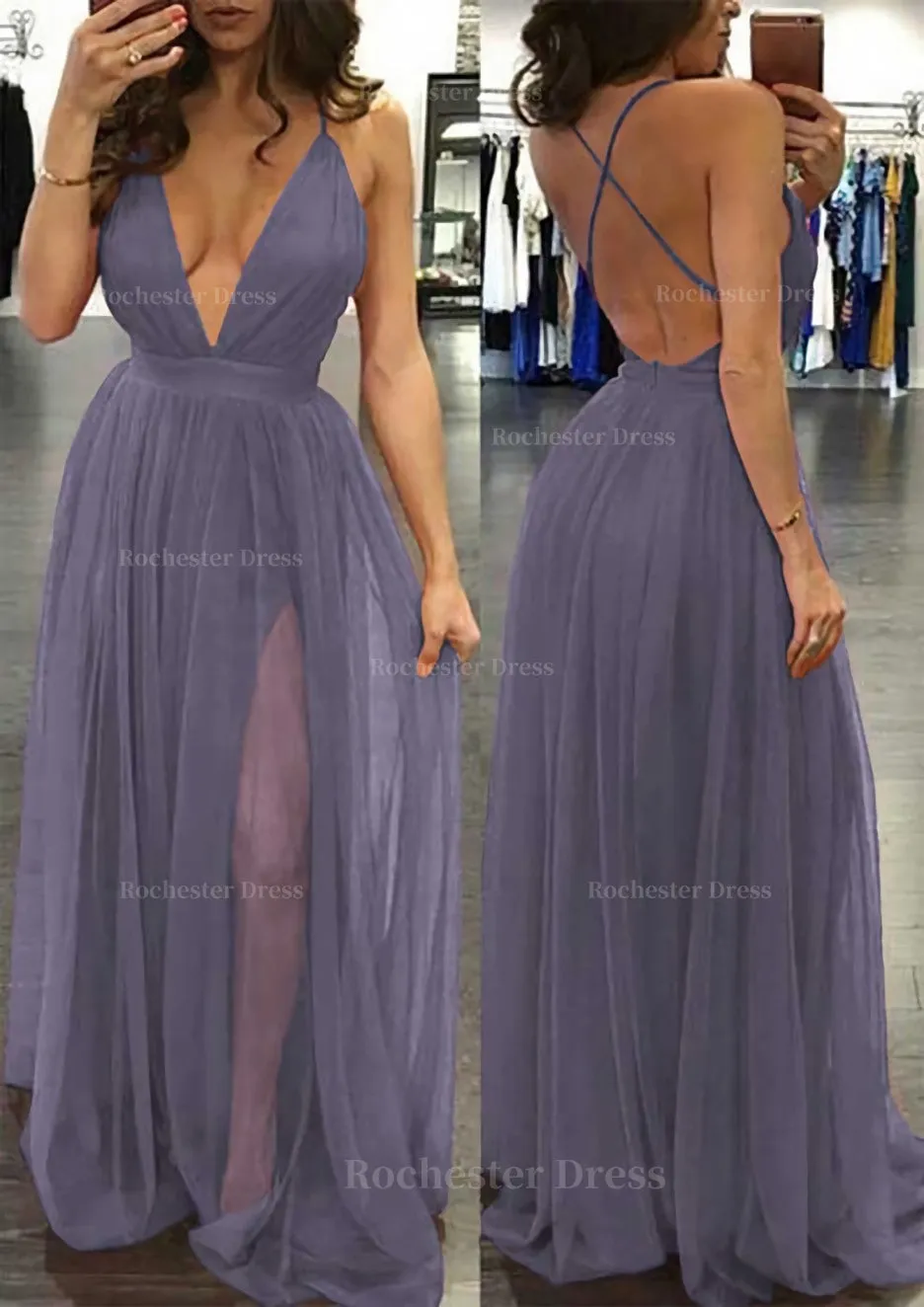 A-line/Princess V Neck Sleeveless Sweep Train Tulle Prom Dress