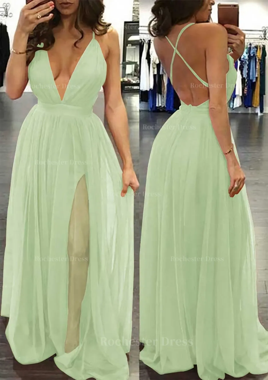 A-line/Princess V Neck Sleeveless Sweep Train Tulle Prom Dress