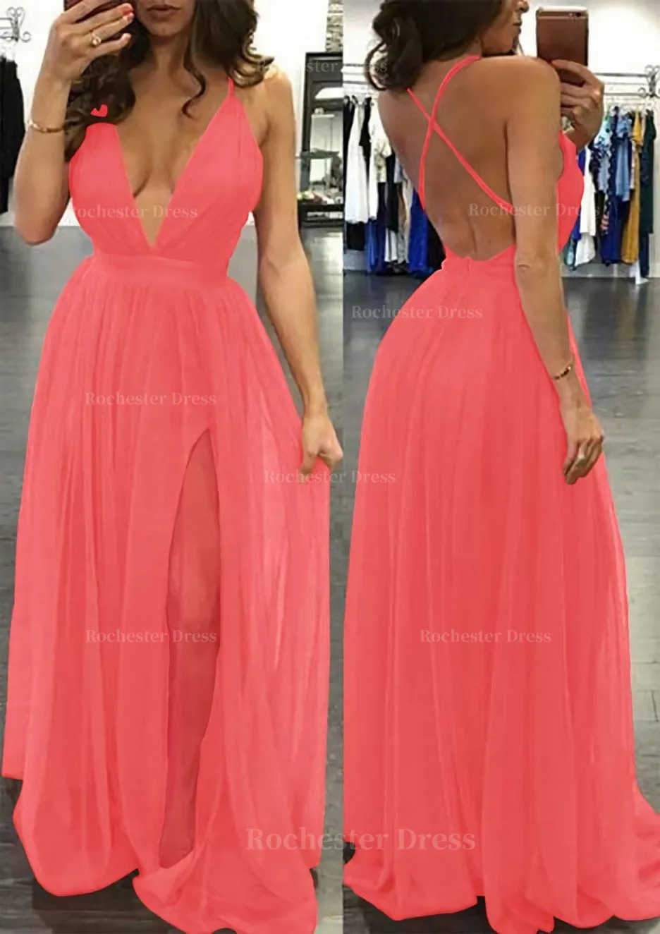 A-line/Princess V Neck Sleeveless Sweep Train Tulle Prom Dress