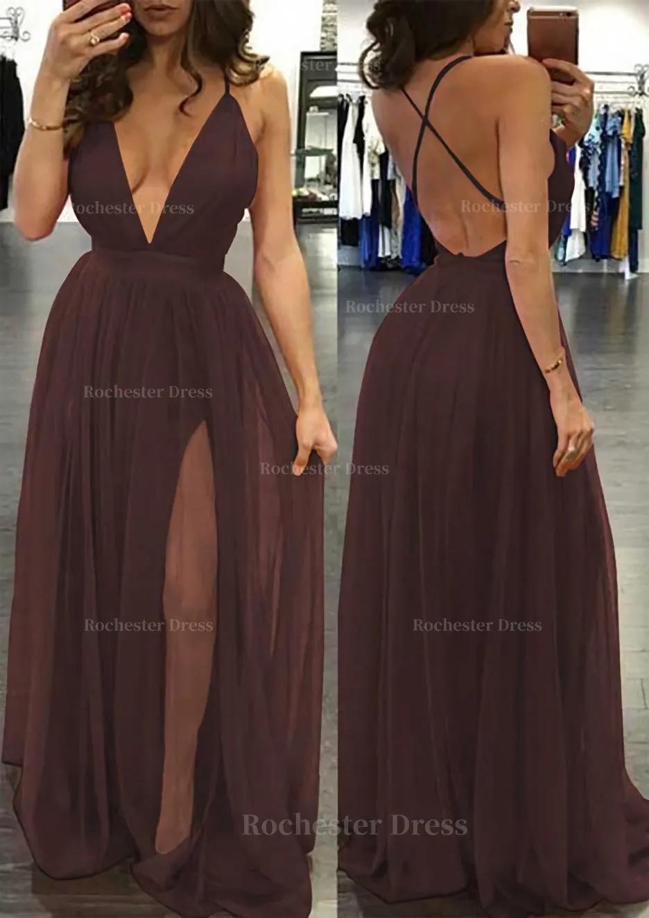 A-line/Princess V Neck Sleeveless Sweep Train Tulle Prom Dress