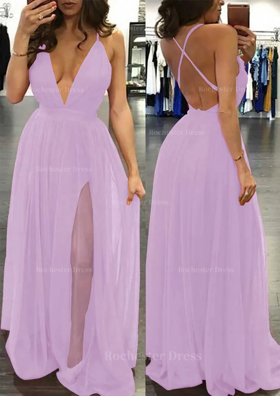 A-line/Princess V Neck Sleeveless Sweep Train Tulle Prom Dress