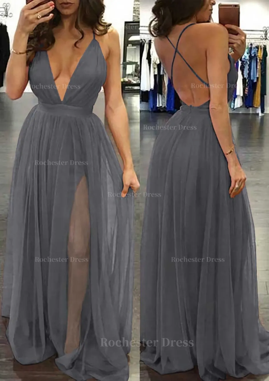 A-line/Princess V Neck Sleeveless Sweep Train Tulle Prom Dress