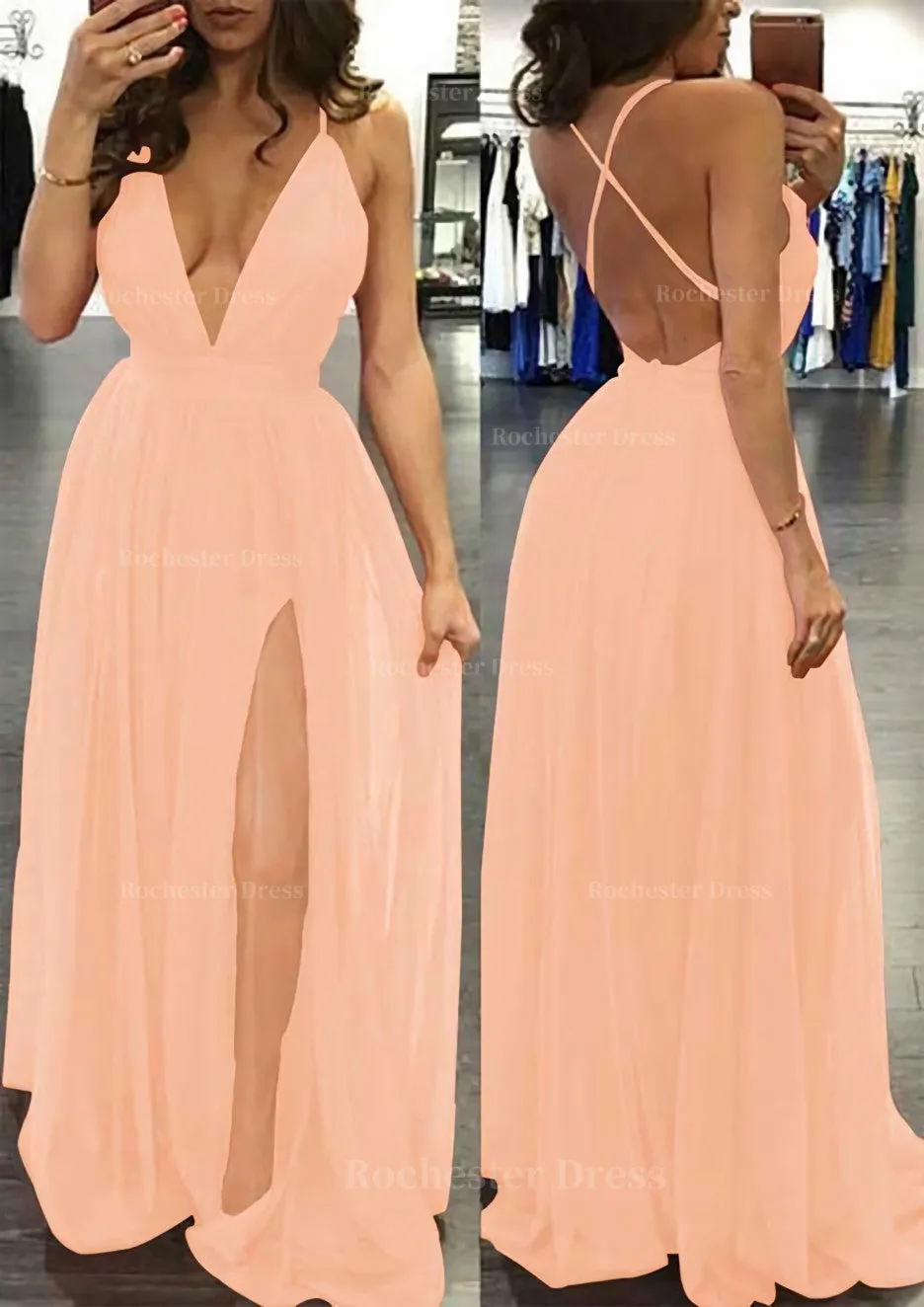 A-line/Princess V Neck Sleeveless Sweep Train Tulle Prom Dress
