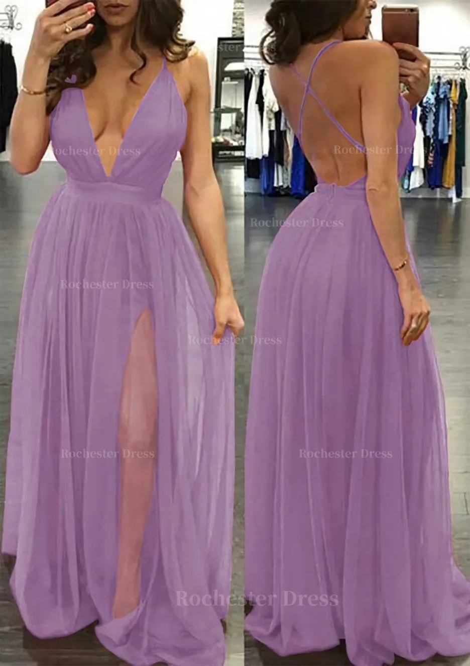 A-line/Princess V Neck Sleeveless Sweep Train Tulle Prom Dress