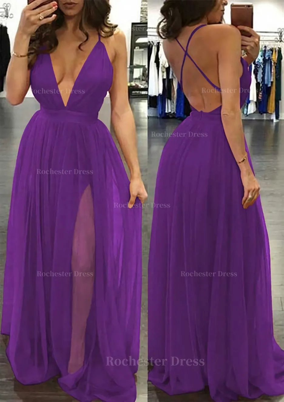 A-line/Princess V Neck Sleeveless Sweep Train Tulle Prom Dress