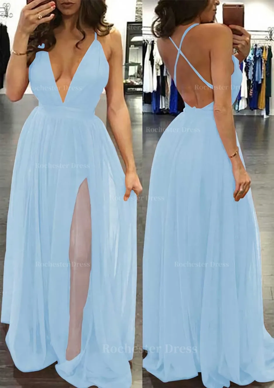 A-line/Princess V Neck Sleeveless Sweep Train Tulle Prom Dress