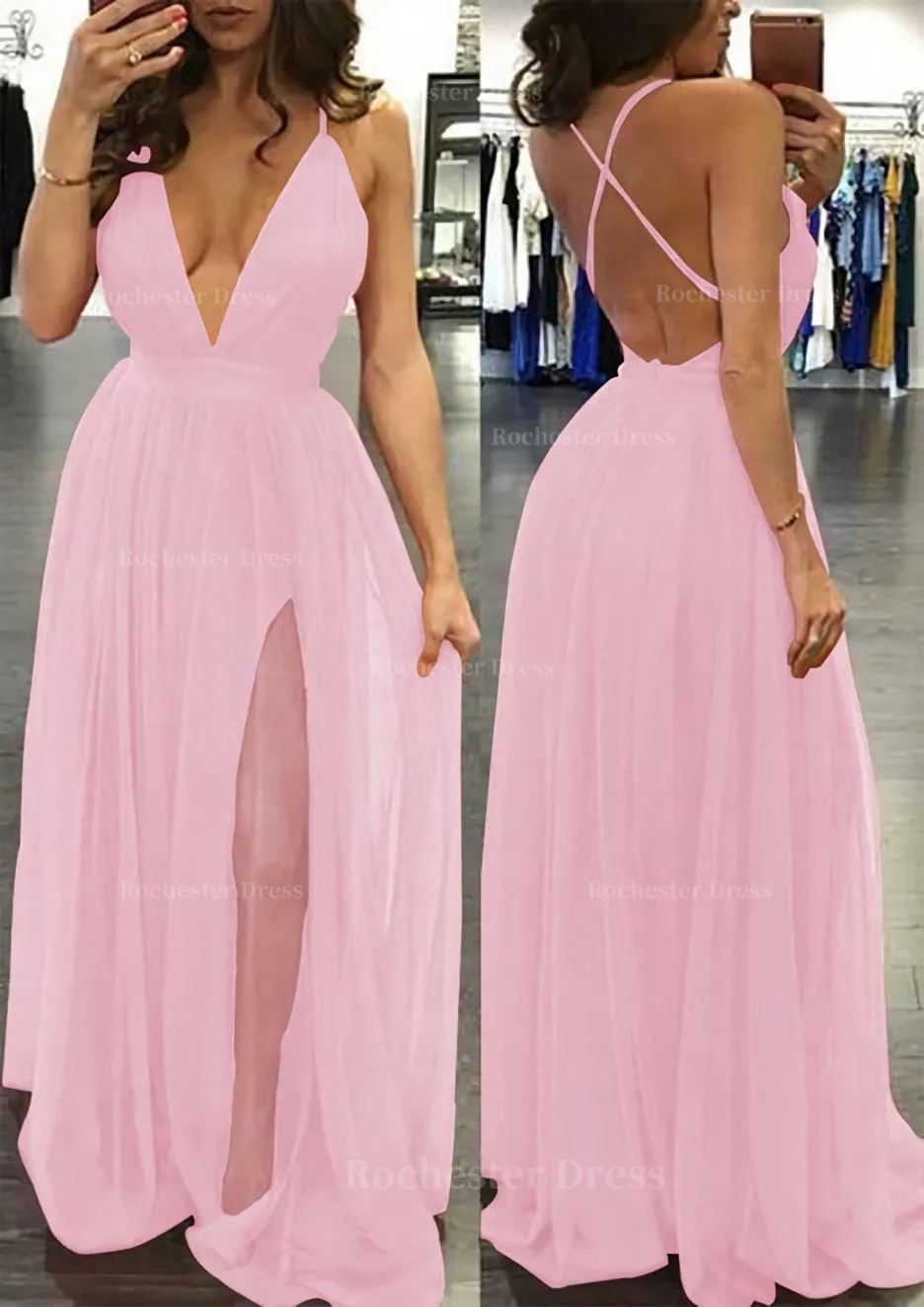 A-line/Princess V Neck Sleeveless Sweep Train Tulle Prom Dress