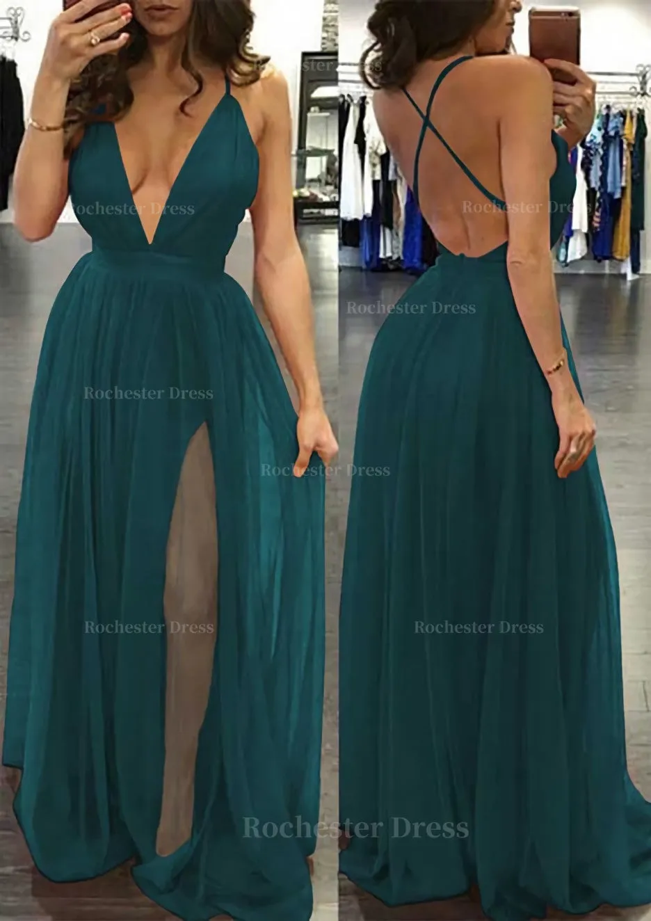A-line/Princess V Neck Sleeveless Sweep Train Tulle Prom Dress