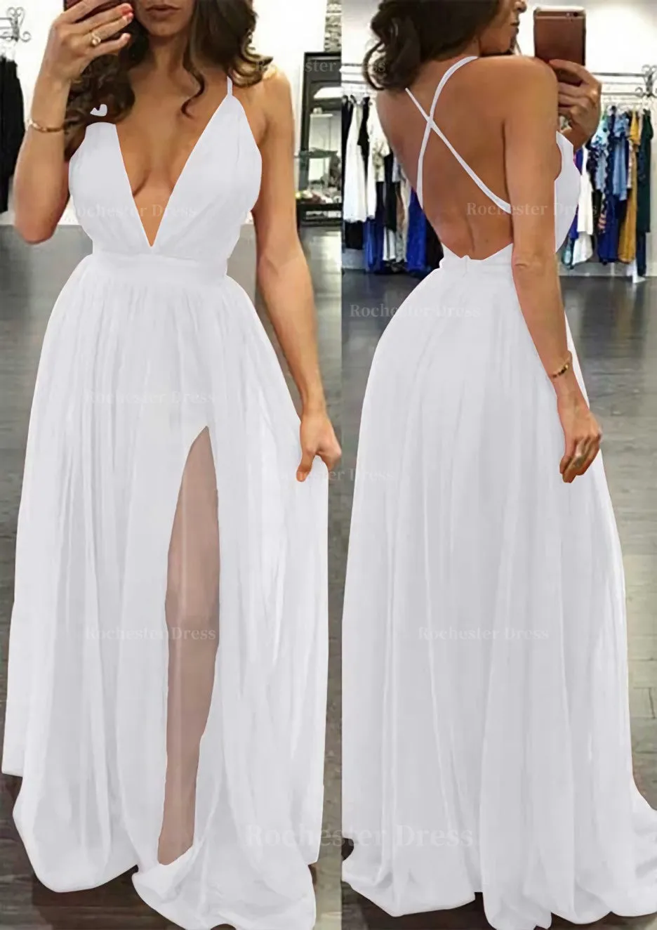 A-line/Princess V Neck Sleeveless Sweep Train Tulle Prom Dress
