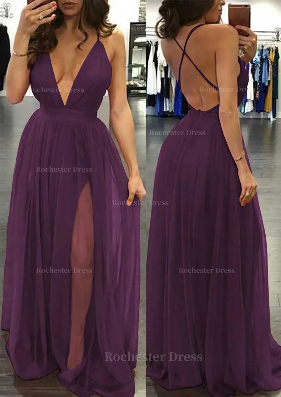 A-line/Princess V Neck Sleeveless Sweep Train Tulle Prom Dress