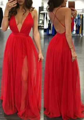 A-line/Princess V Neck Sleeveless Sweep Train Tulle Prom Dress
