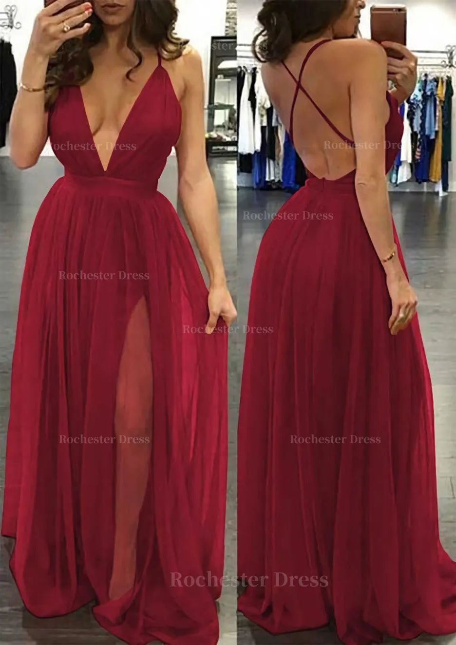 A-line/Princess V Neck Sleeveless Sweep Train Tulle Prom Dress