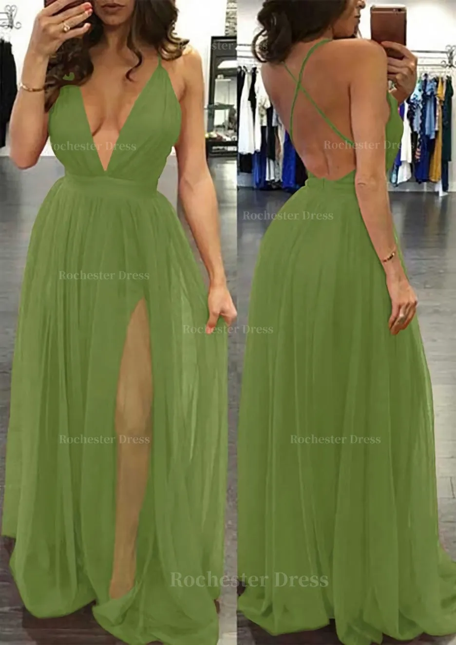 A-line/Princess V Neck Sleeveless Sweep Train Tulle Prom Dress