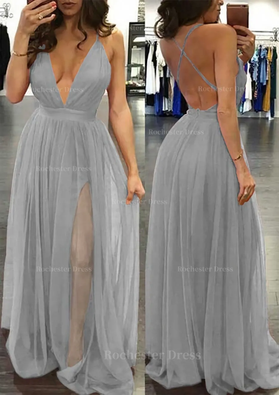 A-line/Princess V Neck Sleeveless Sweep Train Tulle Prom Dress