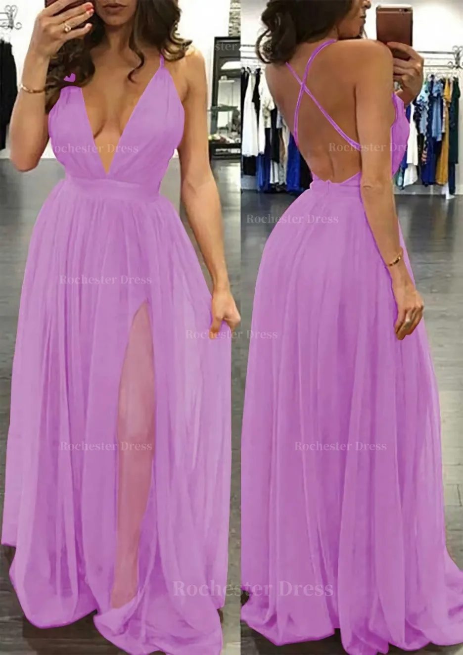 A-line/Princess V Neck Sleeveless Sweep Train Tulle Prom Dress
