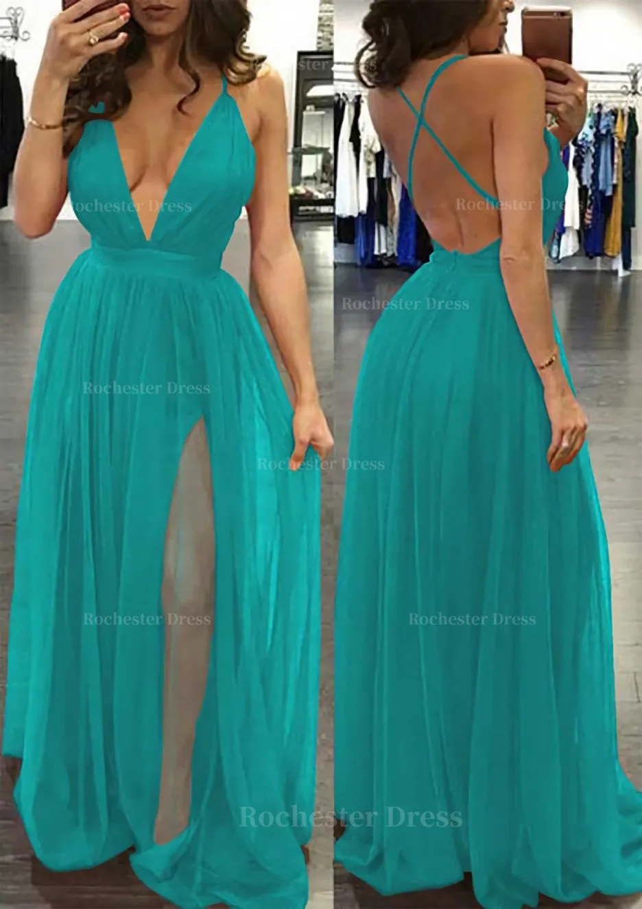 A-line/Princess V Neck Sleeveless Sweep Train Tulle Prom Dress