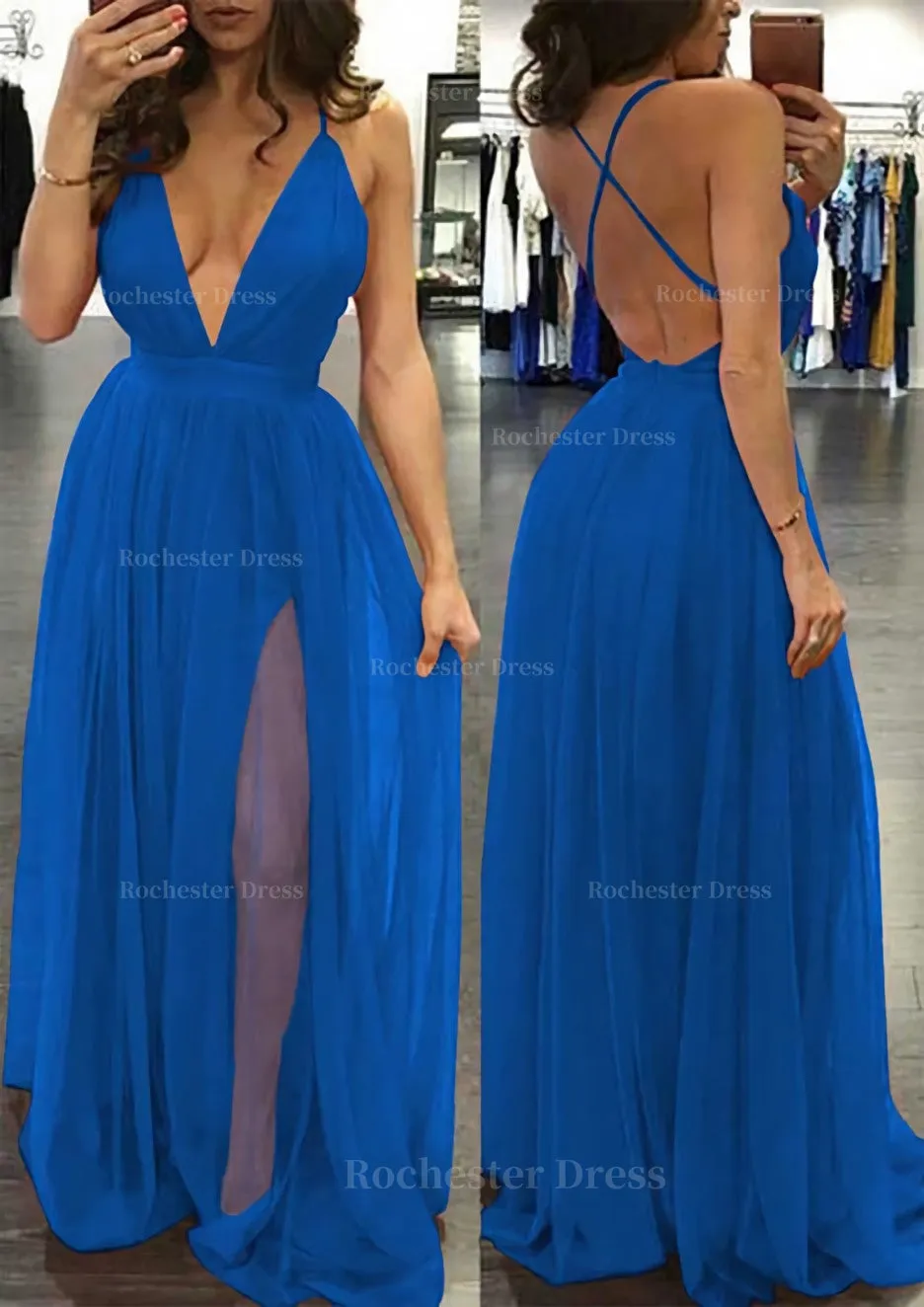 A-line/Princess V Neck Sleeveless Sweep Train Tulle Prom Dress