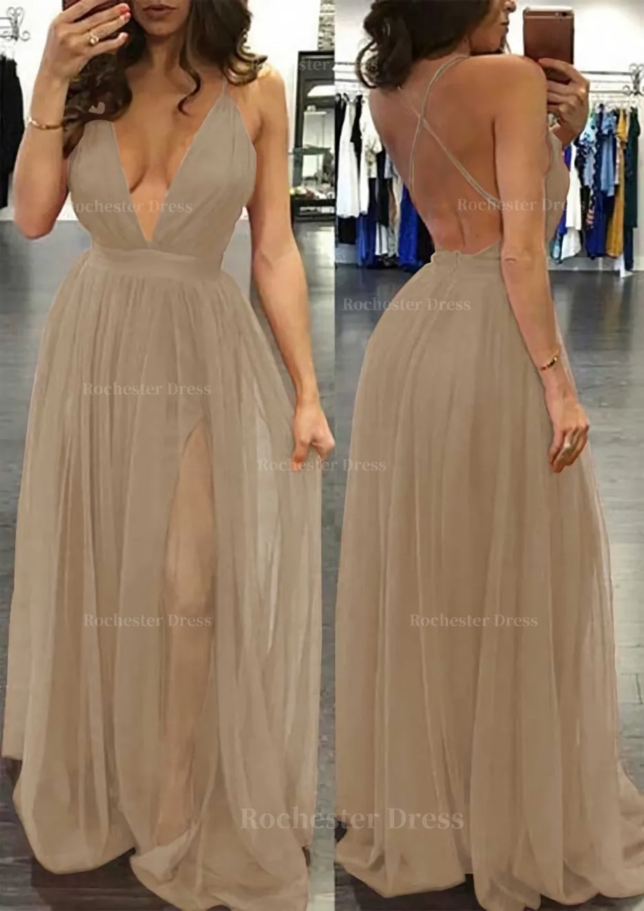 A-line/Princess V Neck Sleeveless Sweep Train Tulle Prom Dress