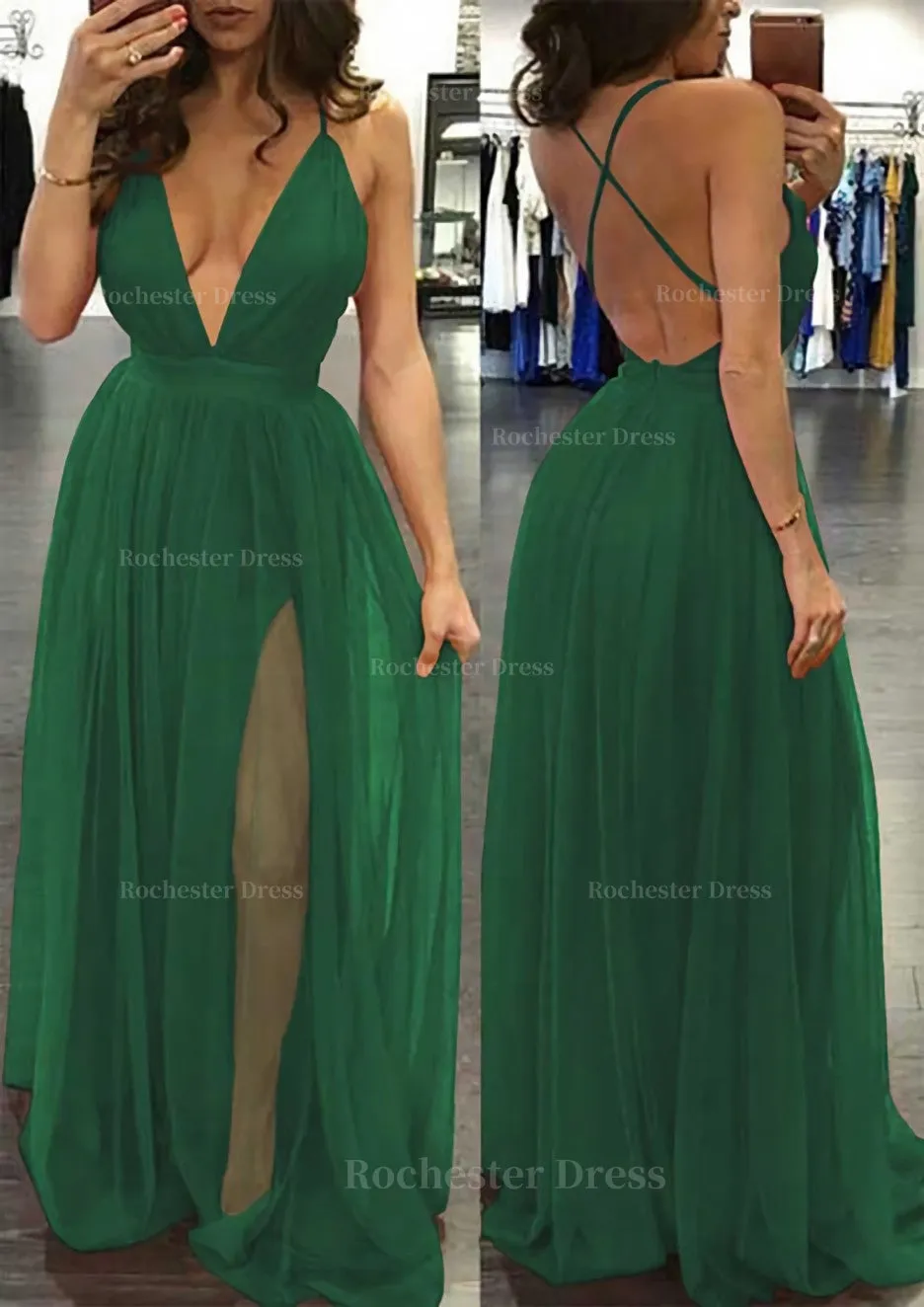 A-line/Princess V Neck Sleeveless Sweep Train Tulle Prom Dress
