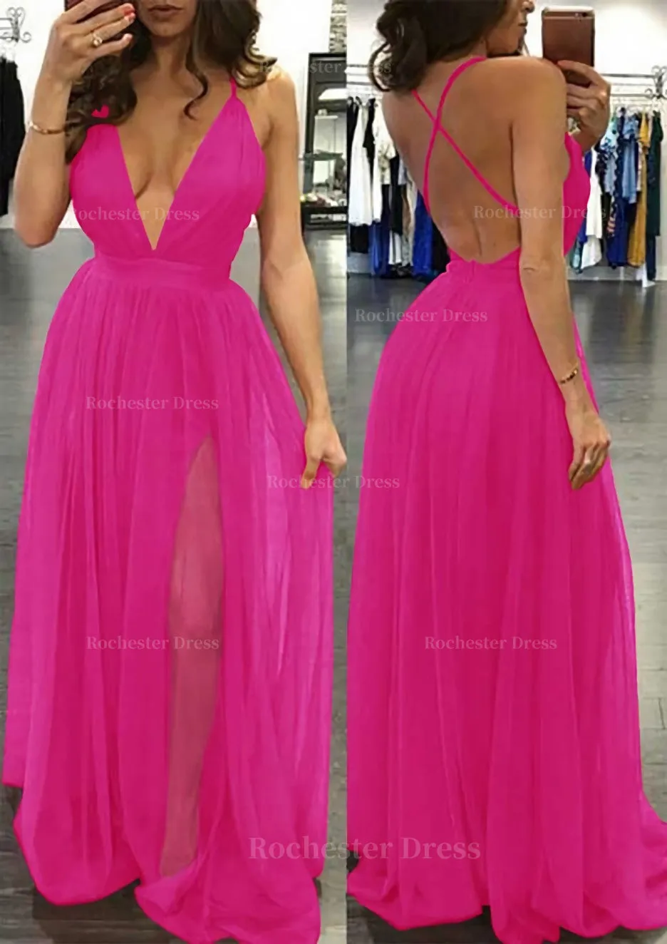 A-line/Princess V Neck Sleeveless Sweep Train Tulle Prom Dress