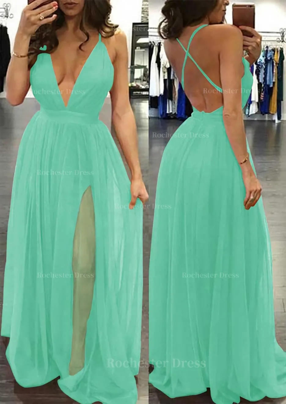 A-line/Princess V Neck Sleeveless Sweep Train Tulle Prom Dress