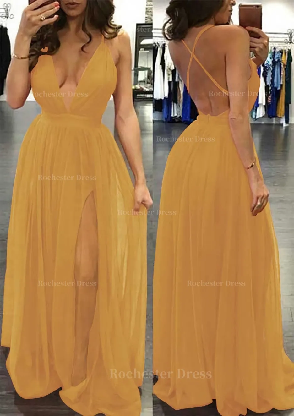 A-line/Princess V Neck Sleeveless Sweep Train Tulle Prom Dress