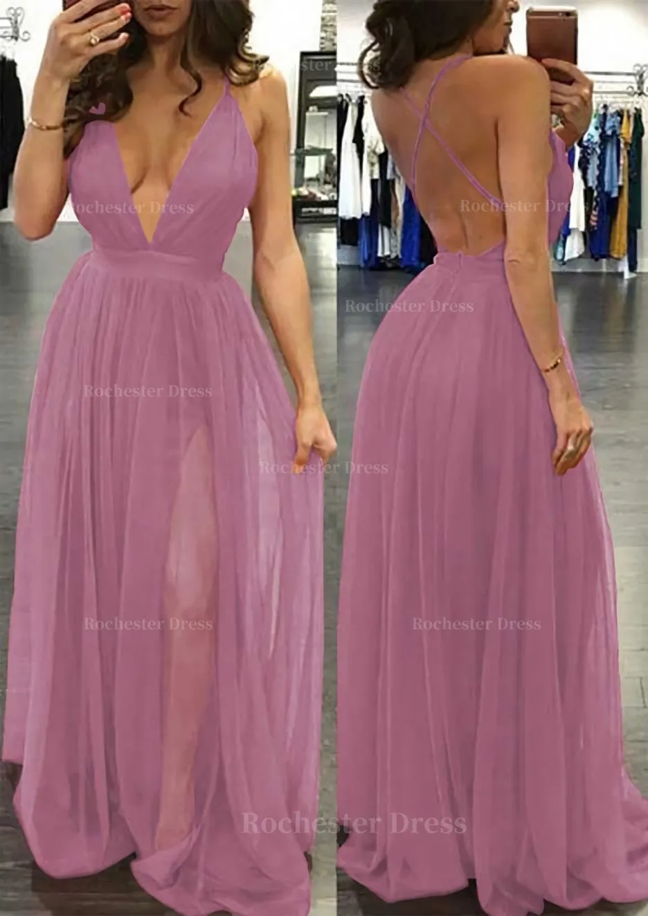A-line/Princess V Neck Sleeveless Sweep Train Tulle Prom Dress