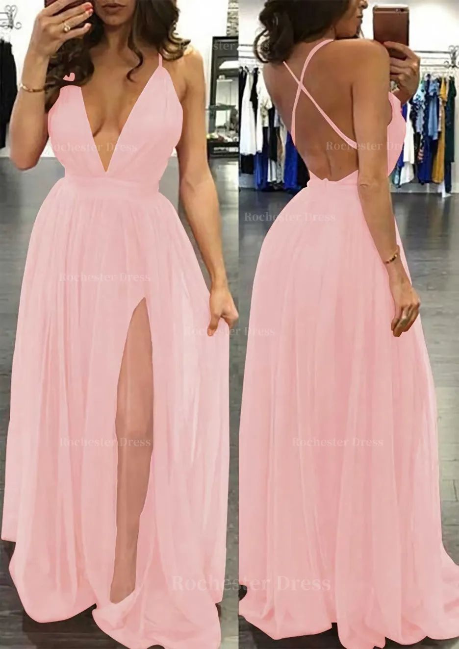 A-line/Princess V Neck Sleeveless Sweep Train Tulle Prom Dress