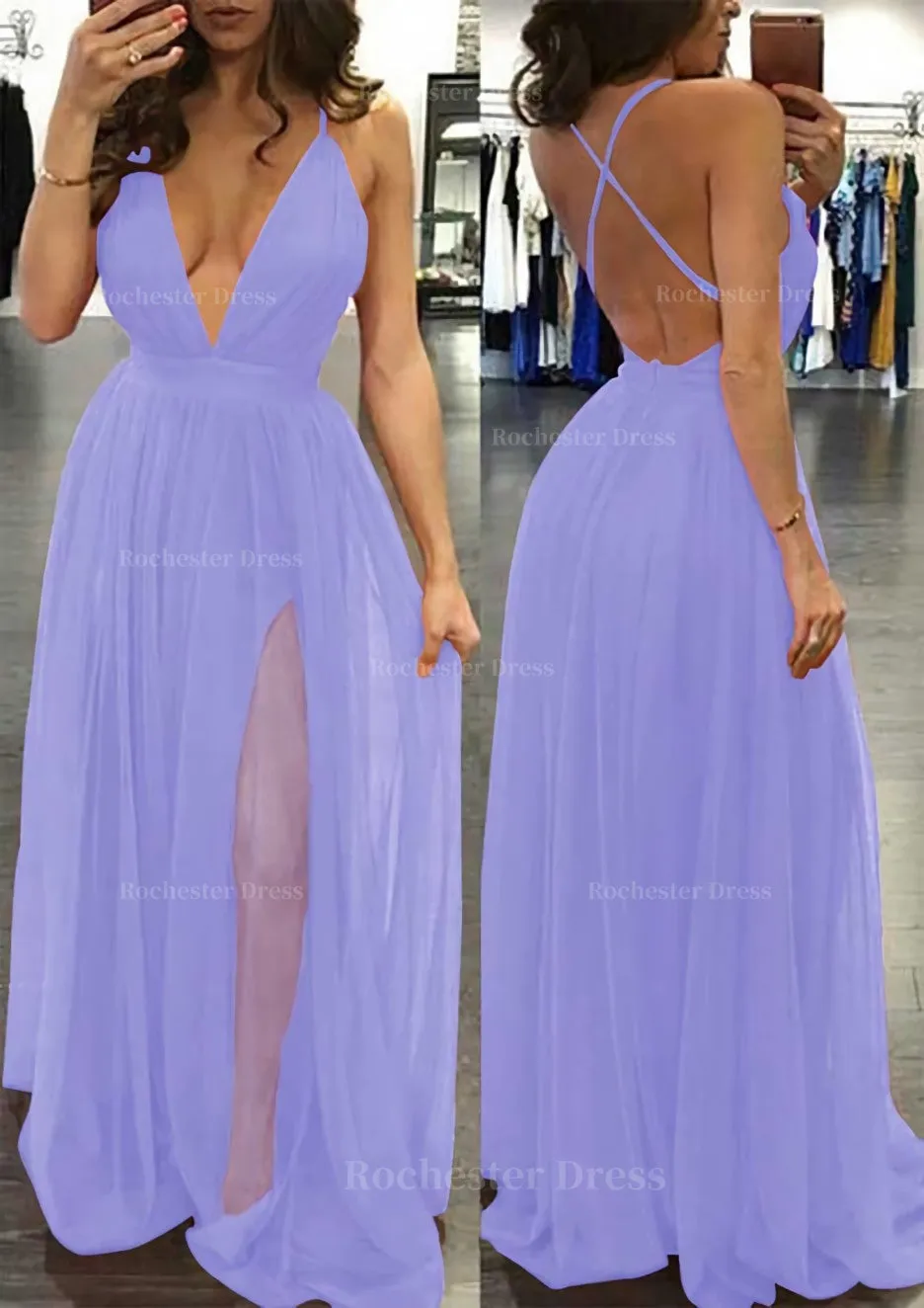 A-line/Princess V Neck Sleeveless Sweep Train Tulle Prom Dress