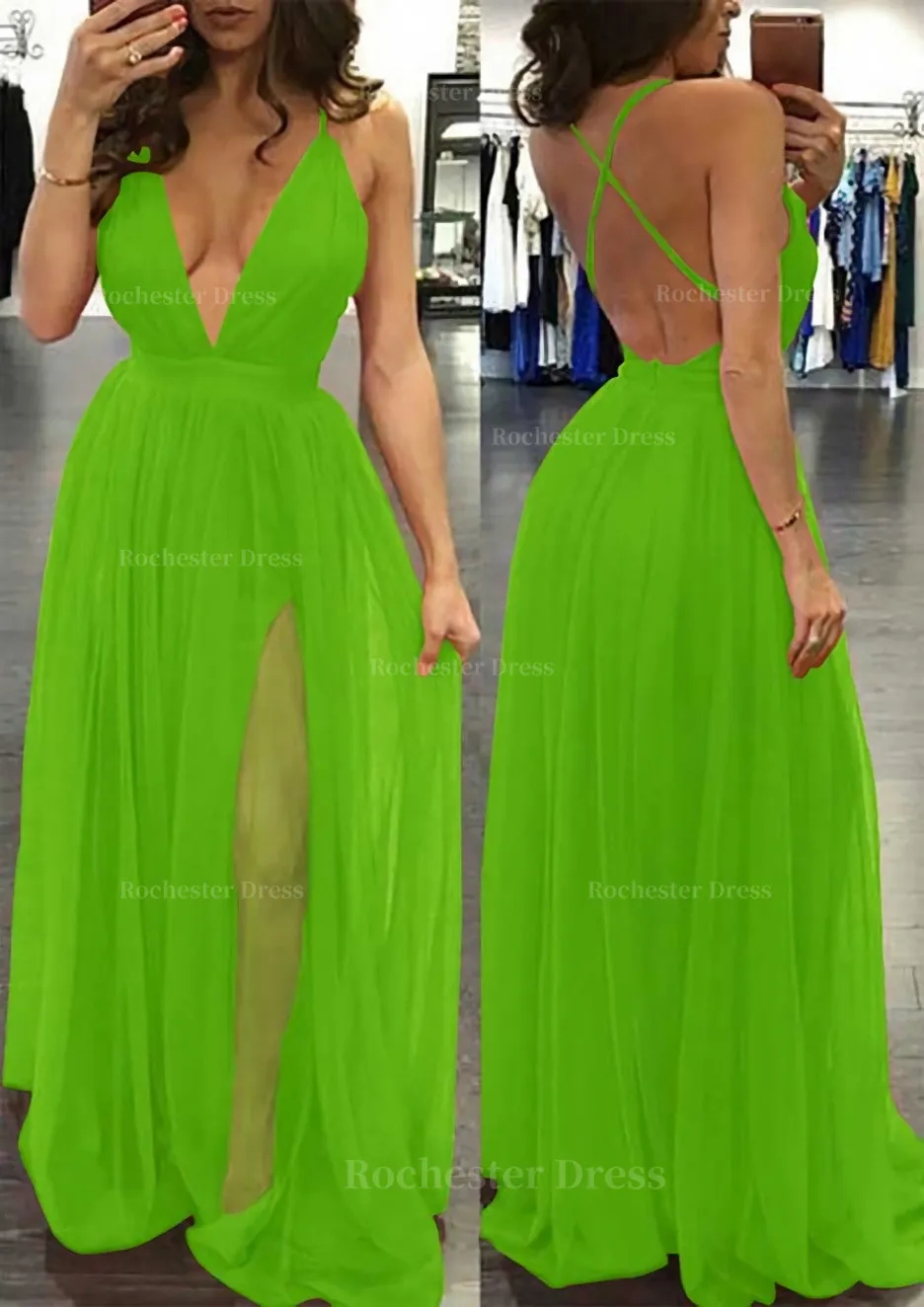 A-line/Princess V Neck Sleeveless Sweep Train Tulle Prom Dress