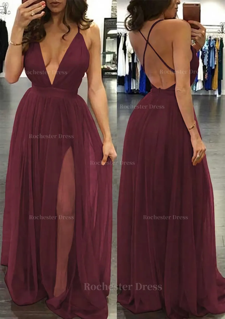 A-line/Princess V Neck Sleeveless Sweep Train Tulle Prom Dress