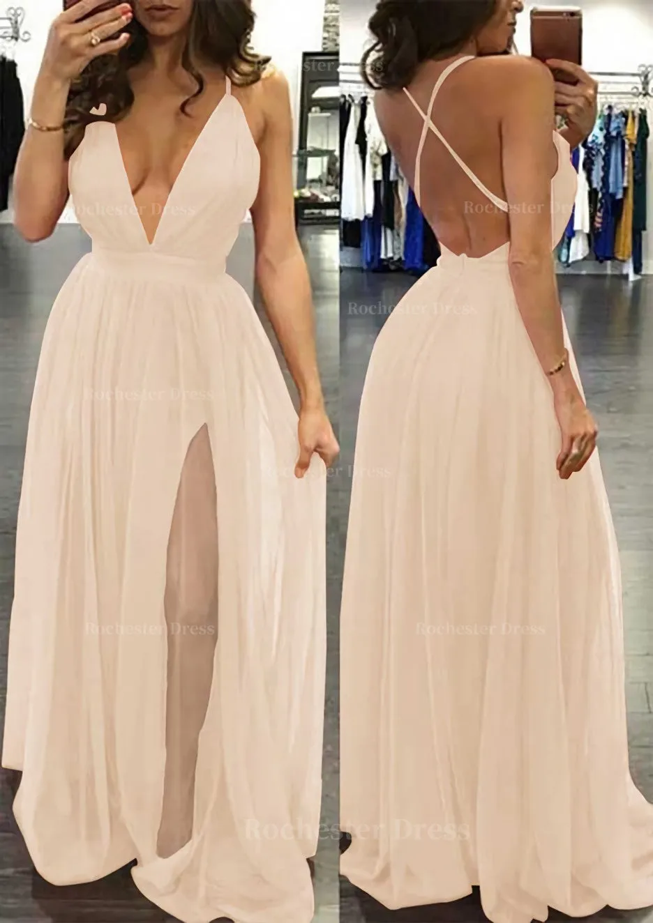 A-line/Princess V Neck Sleeveless Sweep Train Tulle Prom Dress