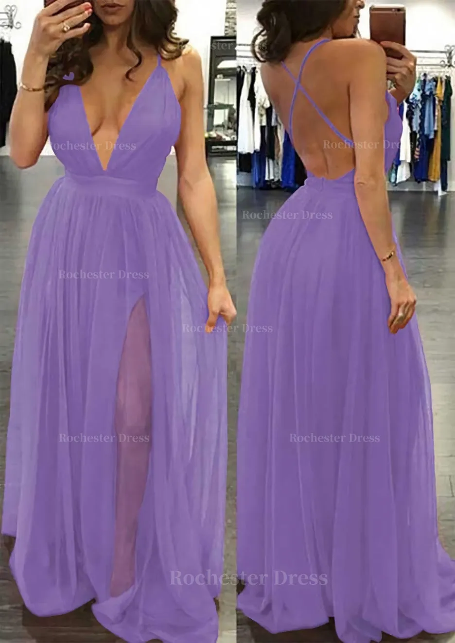 A-line/Princess V Neck Sleeveless Sweep Train Tulle Prom Dress