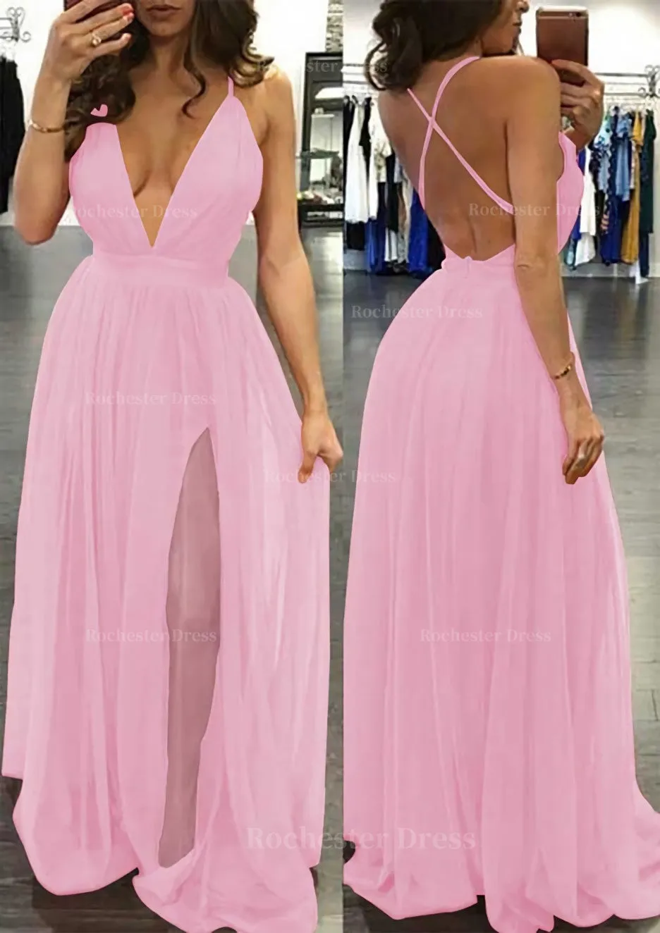 A-line/Princess V Neck Sleeveless Sweep Train Tulle Prom Dress
