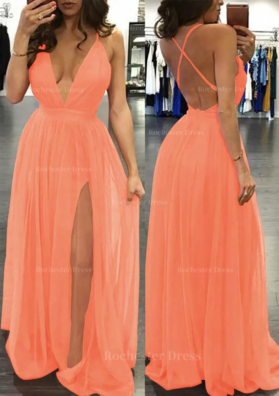A-line/Princess V Neck Sleeveless Sweep Train Tulle Prom Dress