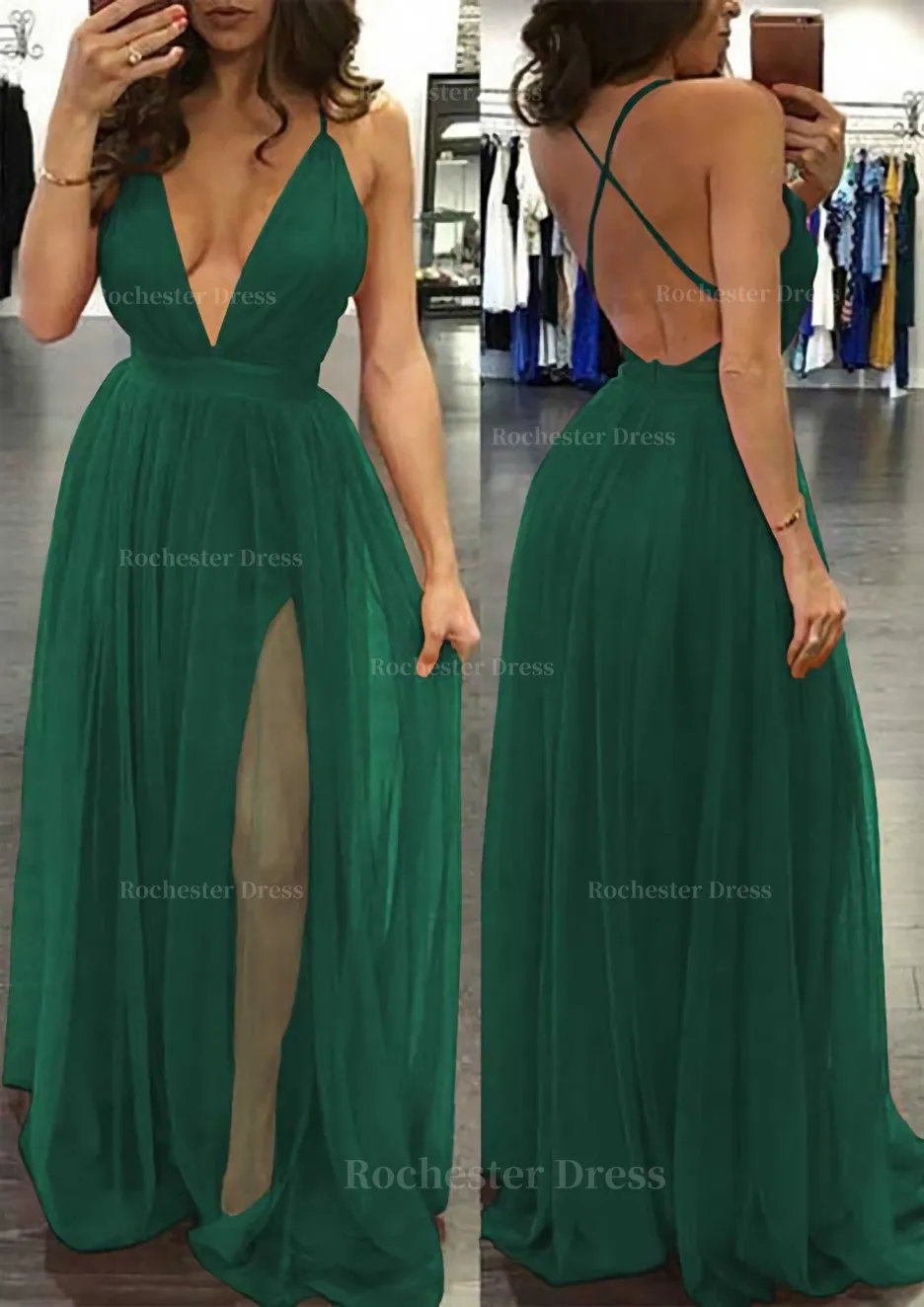 A-line/Princess V Neck Sleeveless Sweep Train Tulle Prom Dress