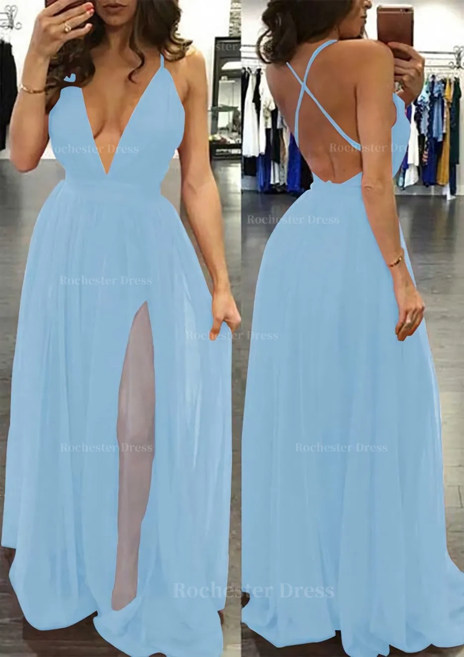 A-line/Princess V Neck Sleeveless Sweep Train Tulle Prom Dress