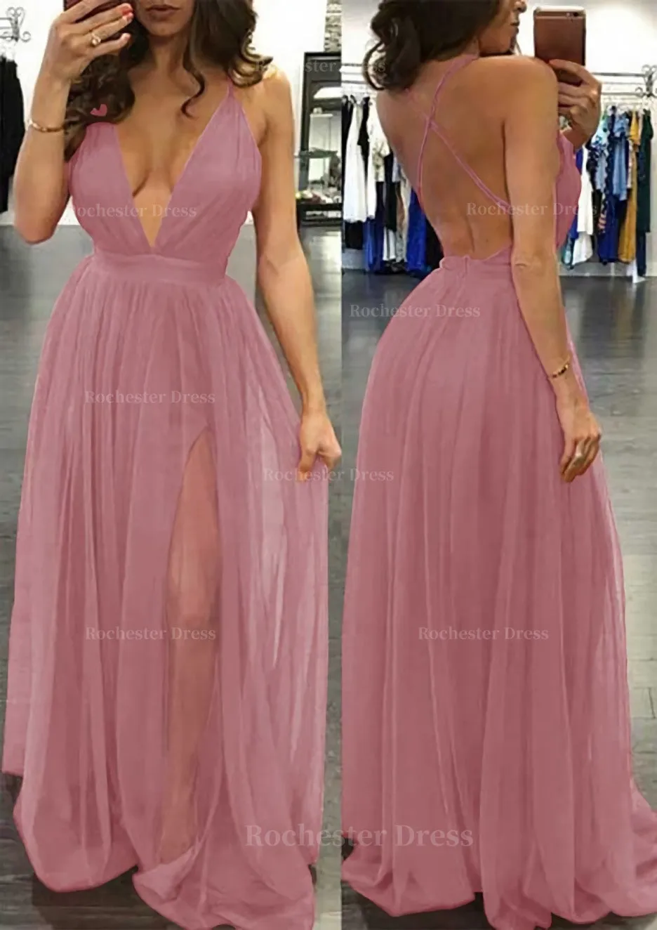 A-line/Princess V Neck Sleeveless Sweep Train Tulle Prom Dress