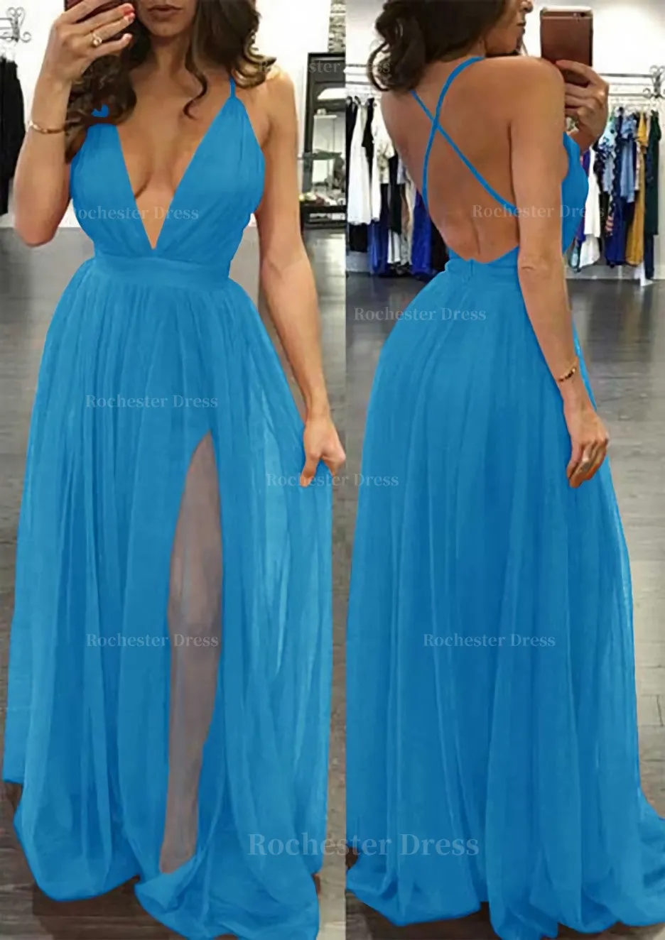 A-line/Princess V Neck Sleeveless Sweep Train Tulle Prom Dress