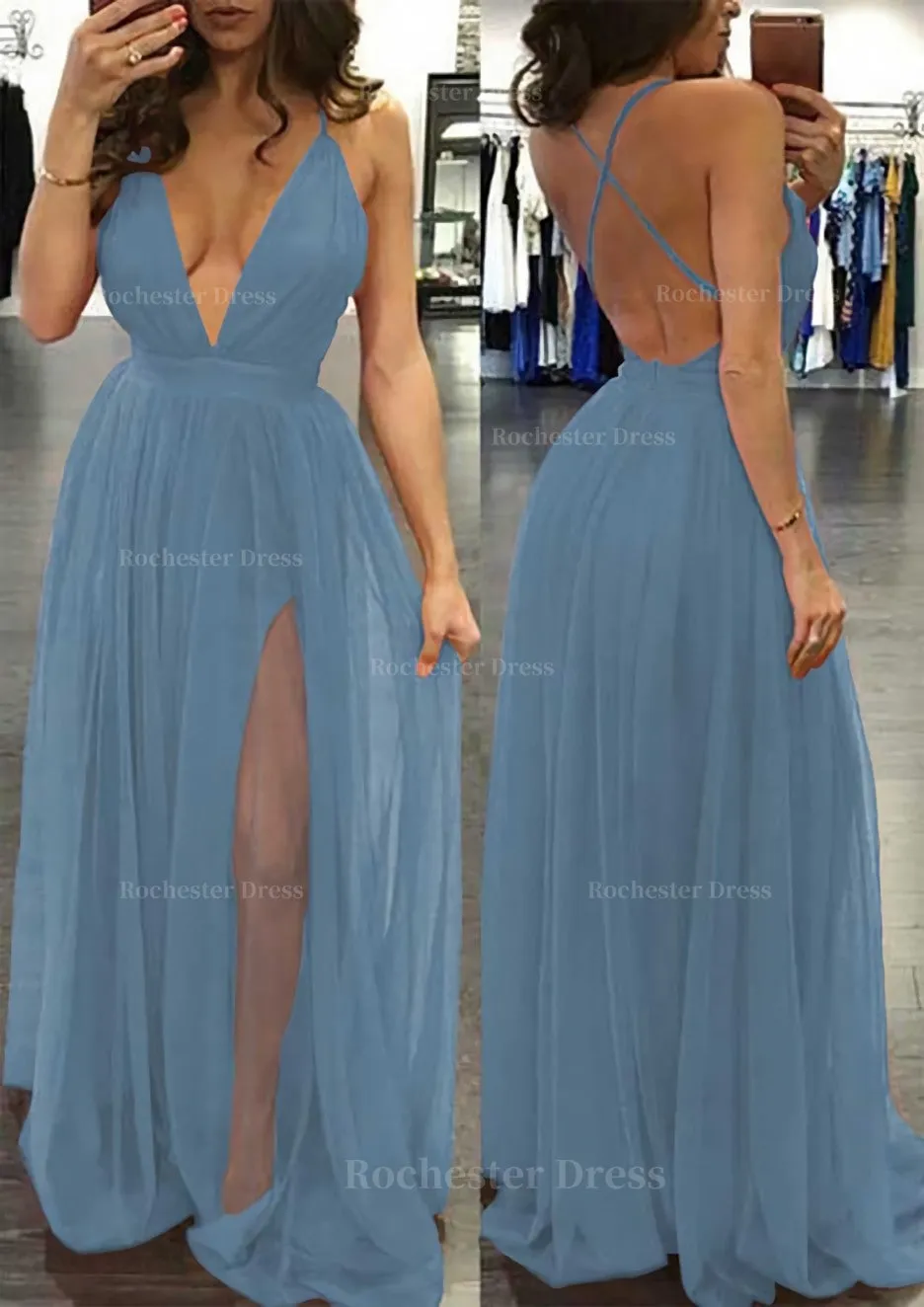 A-line/Princess V Neck Sleeveless Sweep Train Tulle Prom Dress